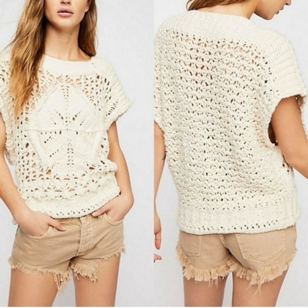 💗 FREE PEOPLE crochet sweater S NWOT Diamond in the Rough ivory crochet sl…